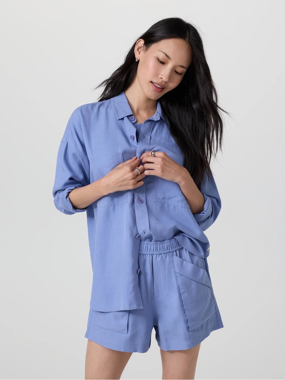 Vuori women’s Trestles Twill Button Up bluebell size large oversized READ